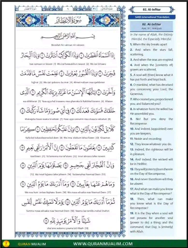 Surah Infitar in English Translation PDF Download, Quran, Quran Juz, Quran Surahs, Surah Infitar, Surah PDF, Surahs in English