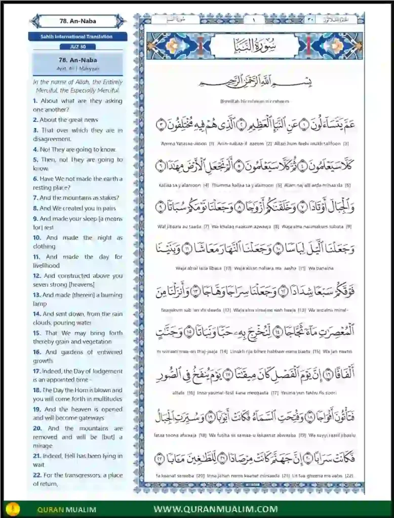 Surah Naba in English Translation PDF Download, Quran Juz, Quran Surahs, Surah Naba, Surah PDF, Surahs in English