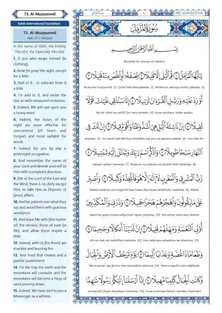 Surah Muzzammil Transliteration PDF Download,  Quran Juz, Quran Surahs, Surah PDF, Surahs in English
