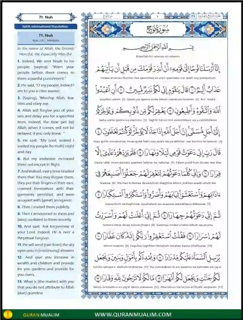 Surah Nuh Transliteration PDF Free Download, Quran Juz, Quran Surahs, Surah PDF, Surahs in English