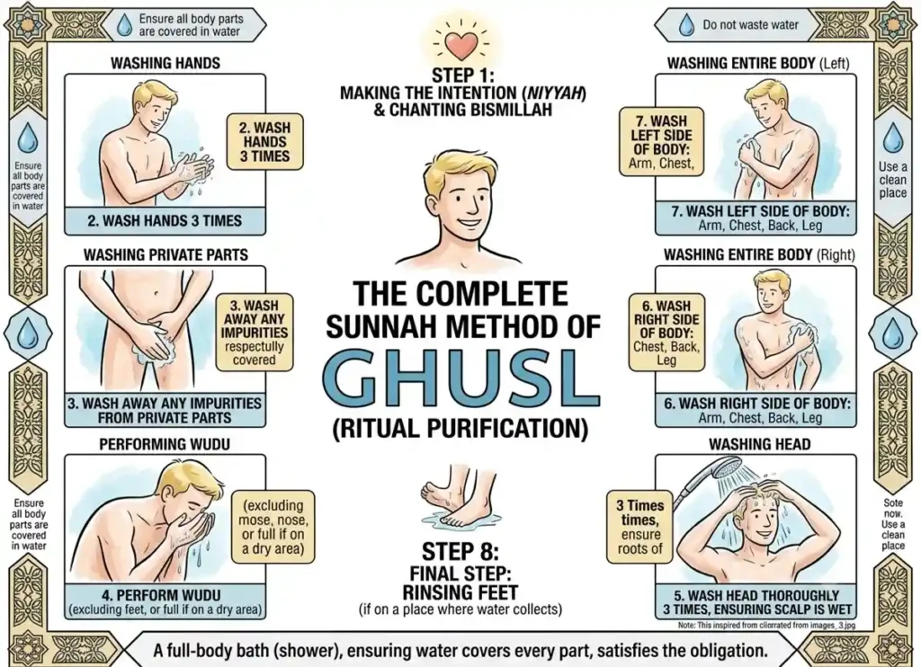 How To perform Ghusl Correctly? Learn Islam, Islam, Islamic Creed, Islamic Law, Quran, Sunnah, Ghusl 